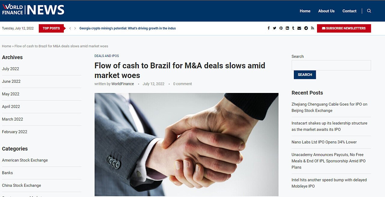 Flow of cash to Brazil for M&A deals slows amid market woes